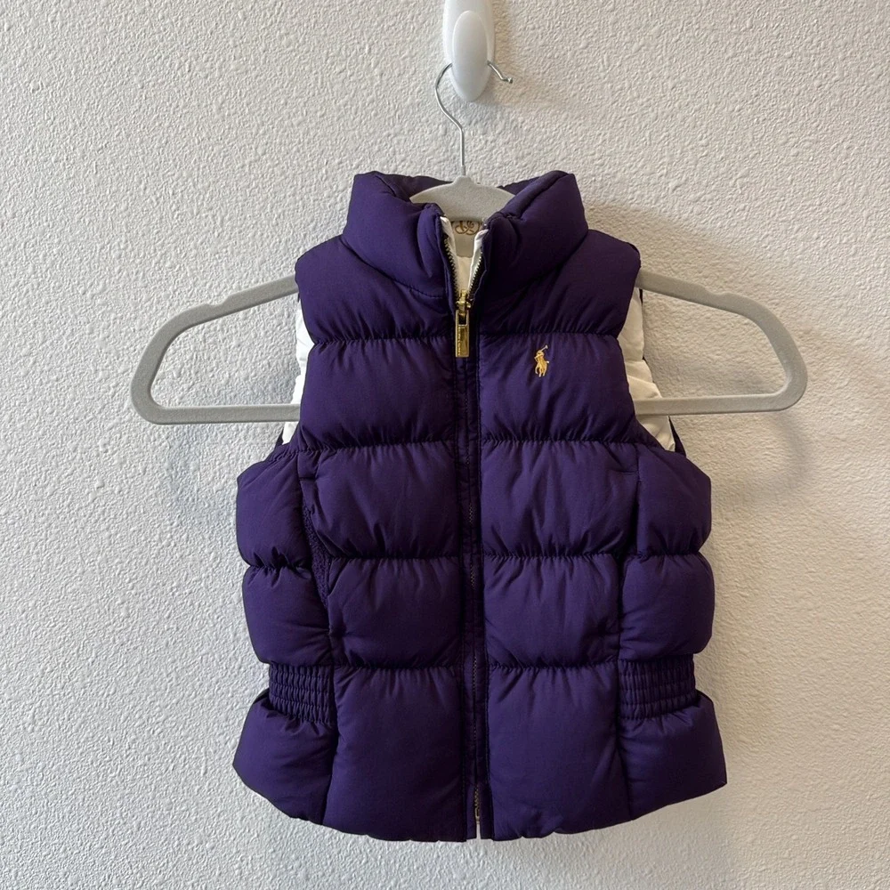 Ralph Lauren Toddler Girl Reversible Puffer Vest Sz 3T Purple Off White DuckDown